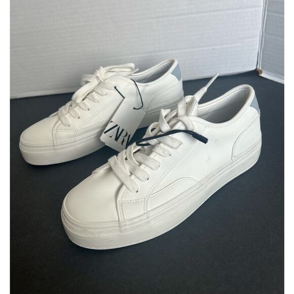 NWT Zara Vegan White Platform Low Top Lace Up Sneaker Shoes Size 7.5 - Picture 1 of 10
